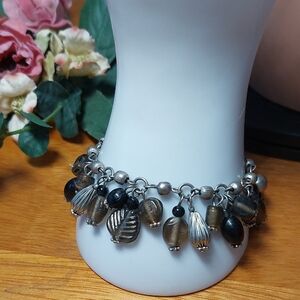 Silvertone Glass Bead Charm Bracelet Brown Leaf Boho